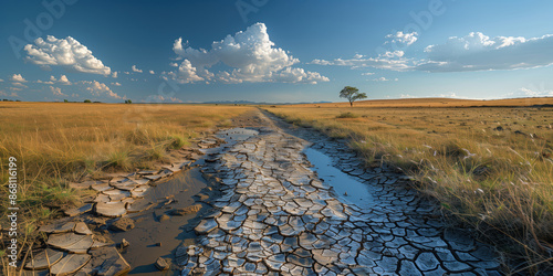 A cracked dry riverbed in a dry landscape ravaged by climate change photo