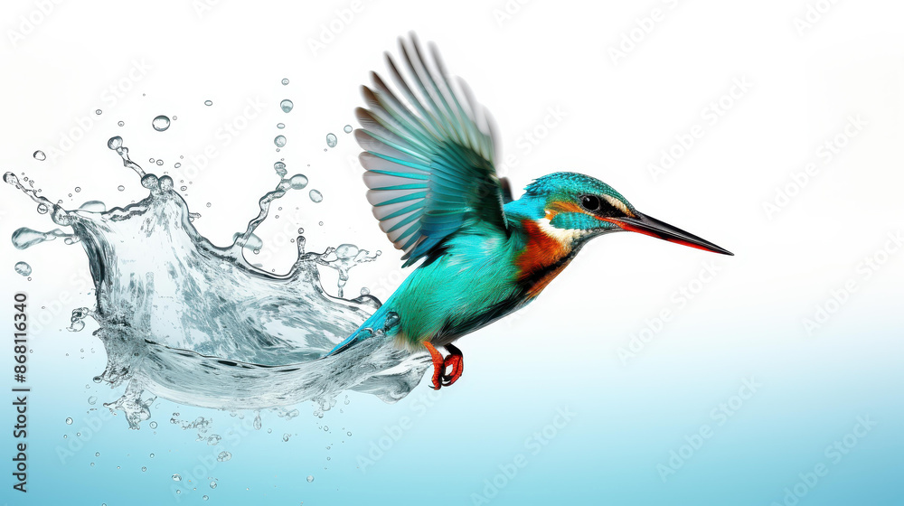 Obraz premium Stunning image of a kingfisher gracefully diving for fish in a clear lake, captured with water droplets splashing, isolated on a white background.