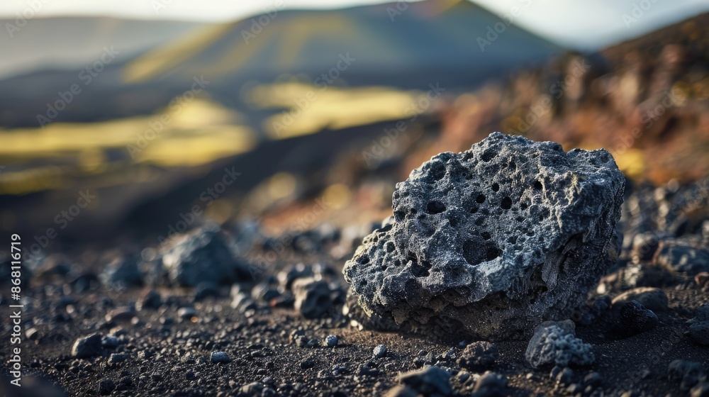 Raw Power of Volcanic Terrain - Detailed View of Porous Volcanic Rock in Rugged Outdoor Setting with Blurred Landscape Background Raw Power of Volcanic Terrain - Detailed View of Porous Volcanic Rock in Rugged Outdoor Setting with Blurred Landscape Background