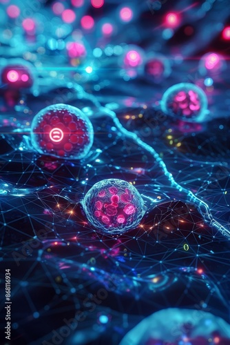Generative Adversarial Network detecting diseases in synthetic data, digital microscopy, detailed cellular imagery, advanced AI technology, holographic displays, neon highlights photo