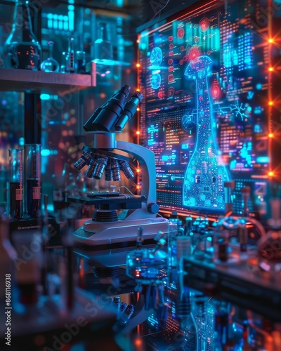 Generative Adversarial Network utilizing algorithmic approaches for non-animal experiments, intricate holographic displays, neon-lit high-tech lab, advanced research technology photo
