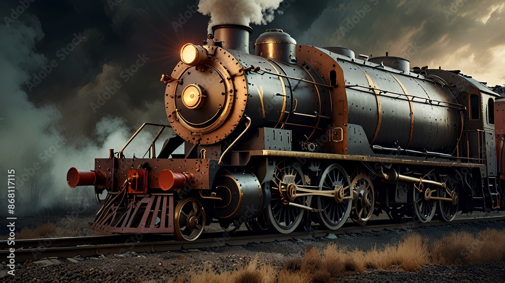 Fototapeta premium Retro locomotive fantastic design train in steampunk style, high speed with fire under wheels.