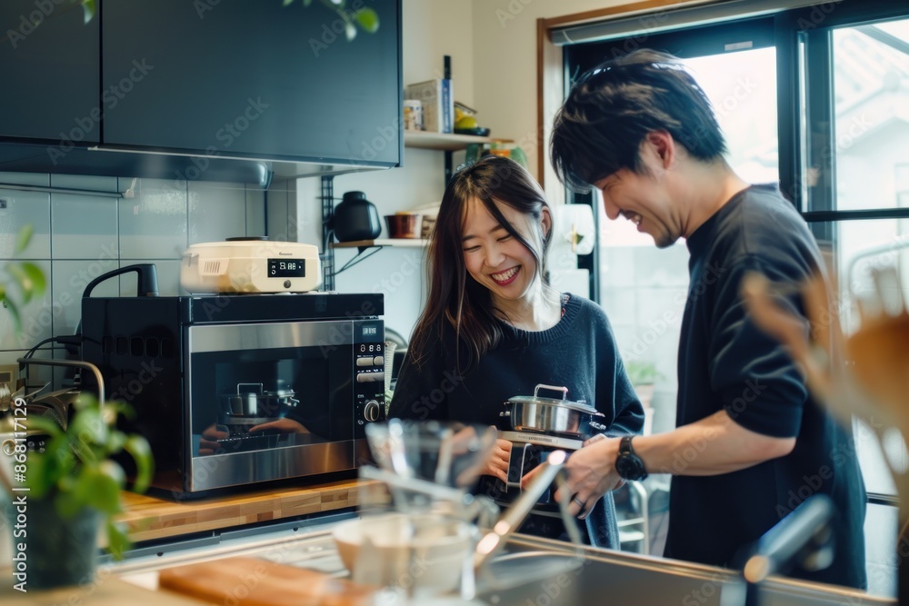 Japanese couple arranging kitchen appliances in their new home, modern and organized, cheerful and collaborative