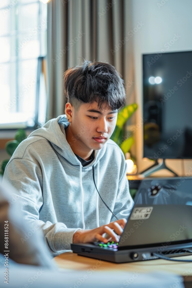 Portrait of an American student setting up a gaming area in their new apartment, modern and tech-savvy, focused and excited Portrait of an American student setting up a gaming area in their new apartment, modern and tech-savvy, focused and excited