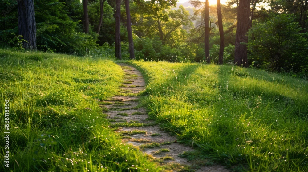 Obraz premium path through a green grass field background illustration generated by ai