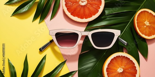 Sunglasses with tropical leaves and grapefruit slices on color background photo
