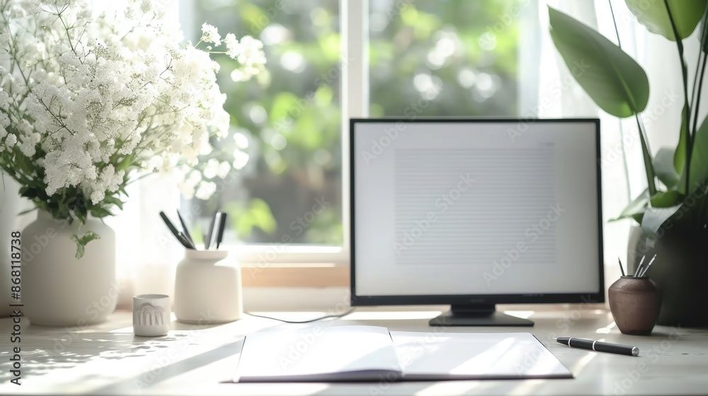 Bright Home Office with Laptop and Flowers Bright Home Office with Laptop and Flowers