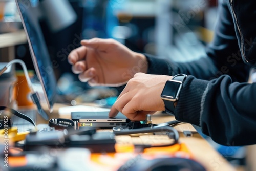 Close-up of Japanese hands setting up a tech gadget, focus on detail and functionality, modern workspace