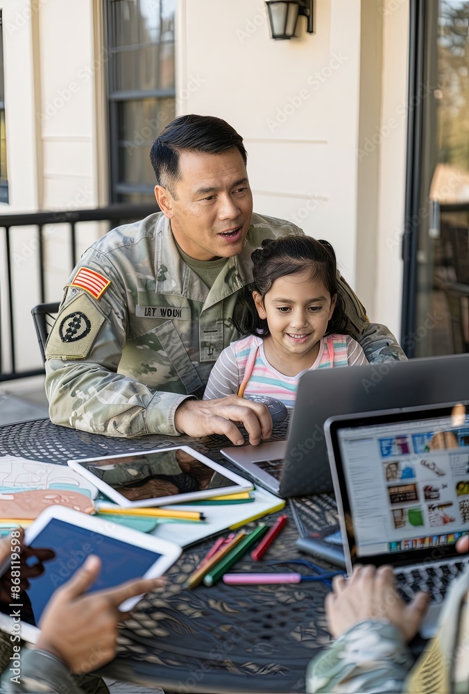 Military Father Assisting Daughter with Homework on Patio