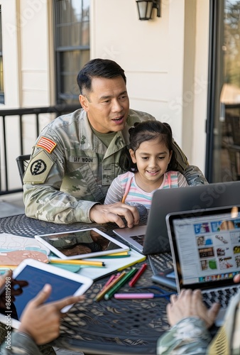 Obraz na płótnie Military Father Assisting Daughter with Homework on Patio w salonie