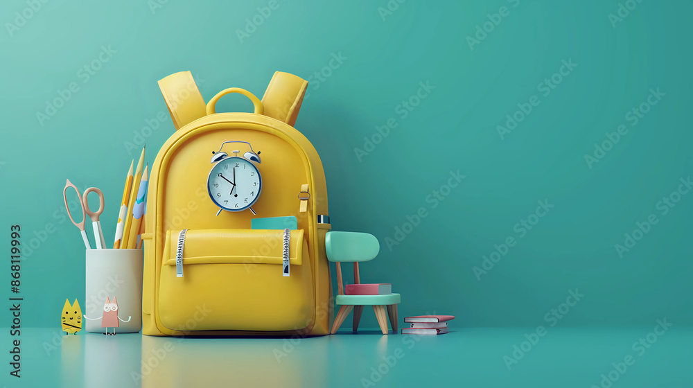 The backpack is surrounded by school supplies such as colorful pencils and scissors placed in a holder, a small green chair, and a stack of books. 3D Rendering, 3D Illustration The backpack is surrounded by school supplies such as colorful pencils and scissors placed in a holder, a small green chair, and a stack of books. 3D Rendering, 3D Illustration