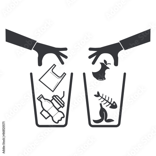 Bundle  pictogram organic and inorganic trash bin, with illustration hand throw fishbone, apple, banana, plastic bag, bottle