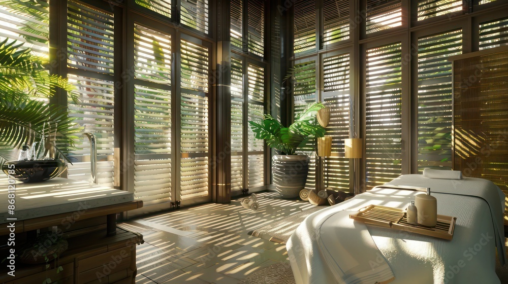 Obraz premium luxury spa retreat with bamboo-inspired Bahama shutters, in a tranquil tropical setting