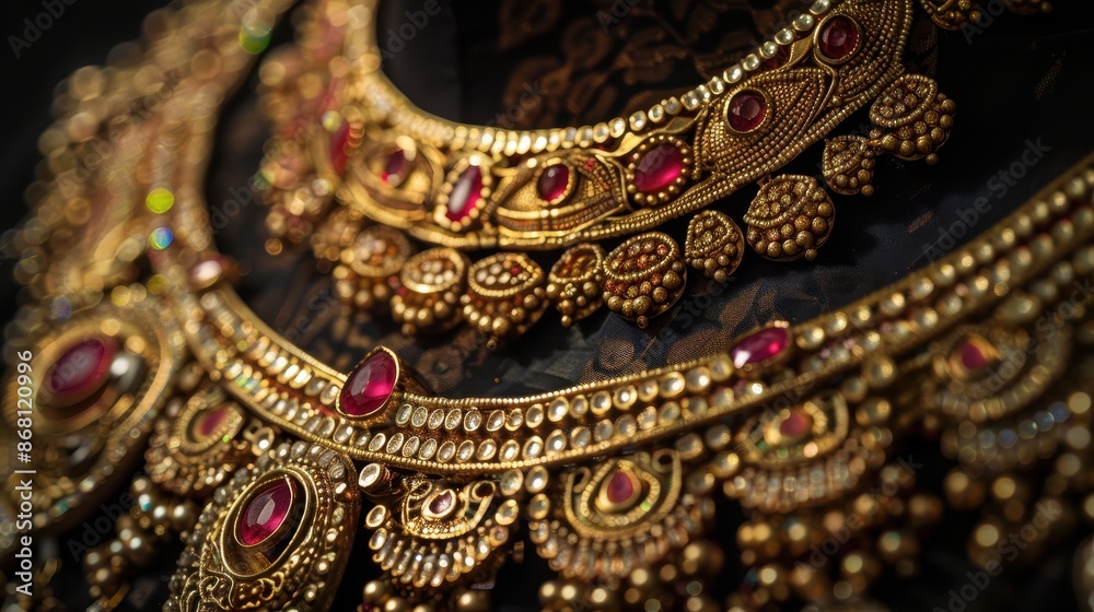 Ornate gold necklace with red gems Ornate gold necklace with red gems