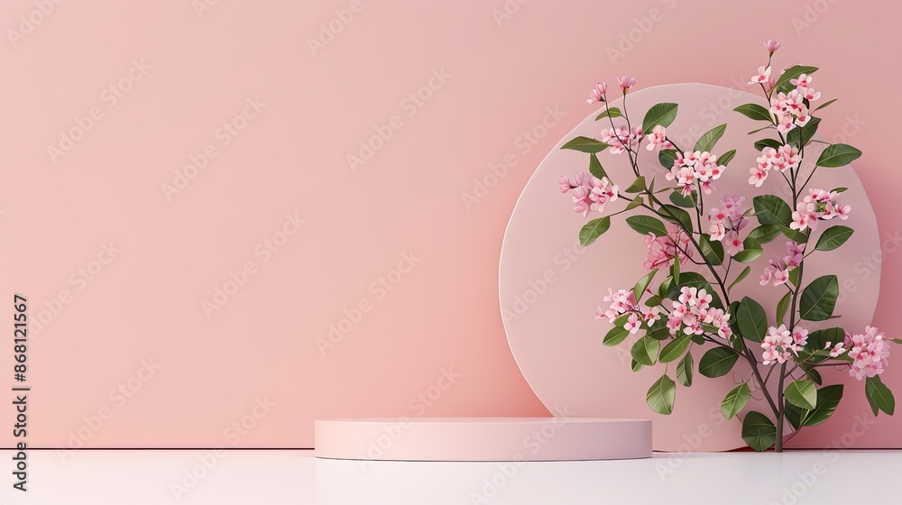 Elegant pastel podium with leaves and flowers, delicate and charming
