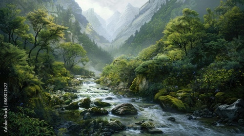 A tranquil mountain stream winding its way through a thick forest photo