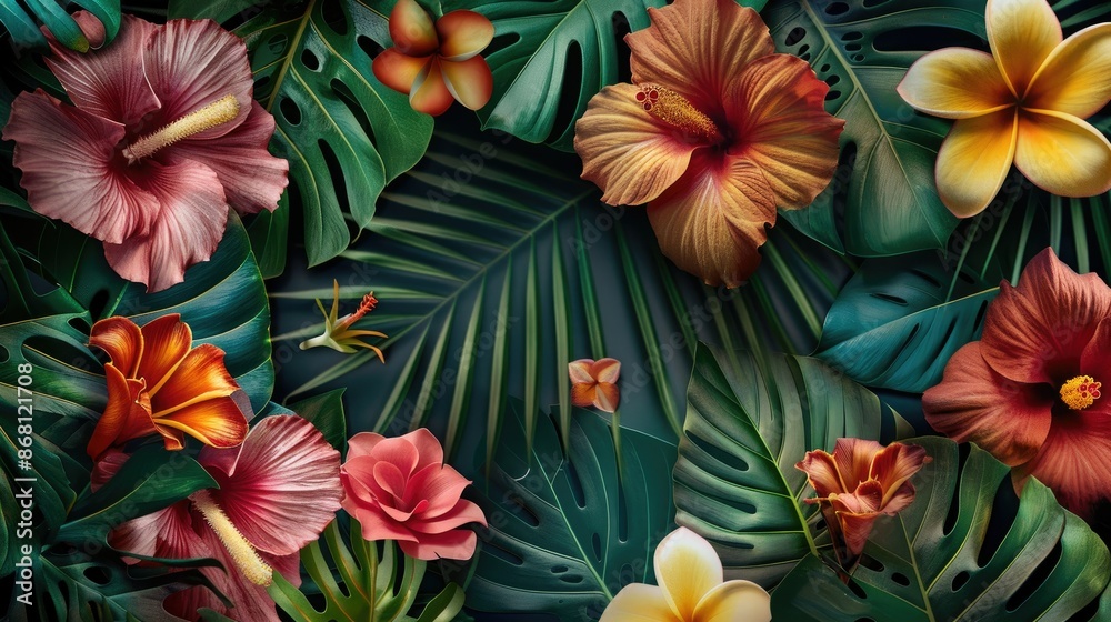 A vibrant floral background featuring tropical flowers and lush leaves A vibrant floral background featuring tropical flowers and lush leaves