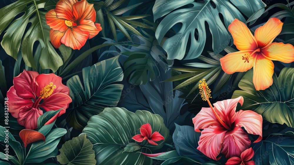 A vibrant floral background featuring tropical flowers and lush leaves A vibrant floral background featuring tropical flowers and lush leaves