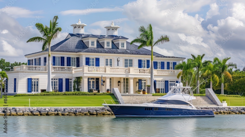 Fototapeta premium luxury yacht club with navy blue Bahama shutters, located on a pristine waterfront