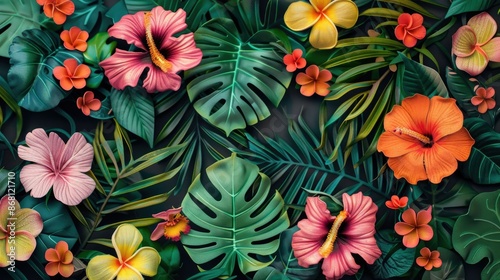 A vibrant floral background featuring tropical flowers and lush leaves