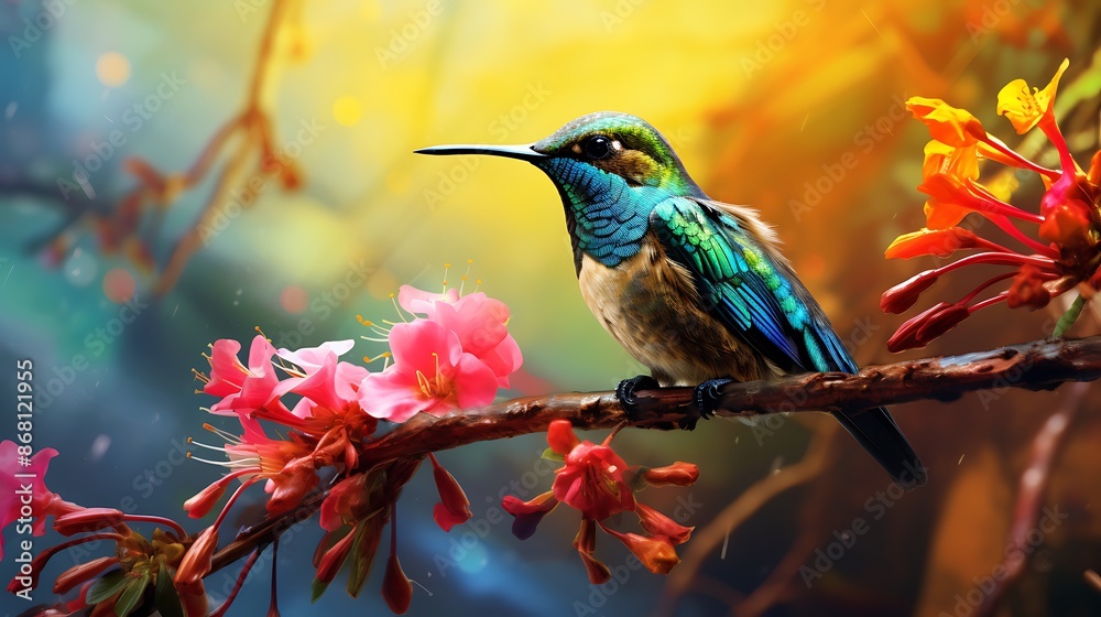 This image features a vibrant hummingbird perched on a branch surrounded by brightly colored flowers This image features a vibrant hummingbird perched on a branch surrounded by brightly colored flowers