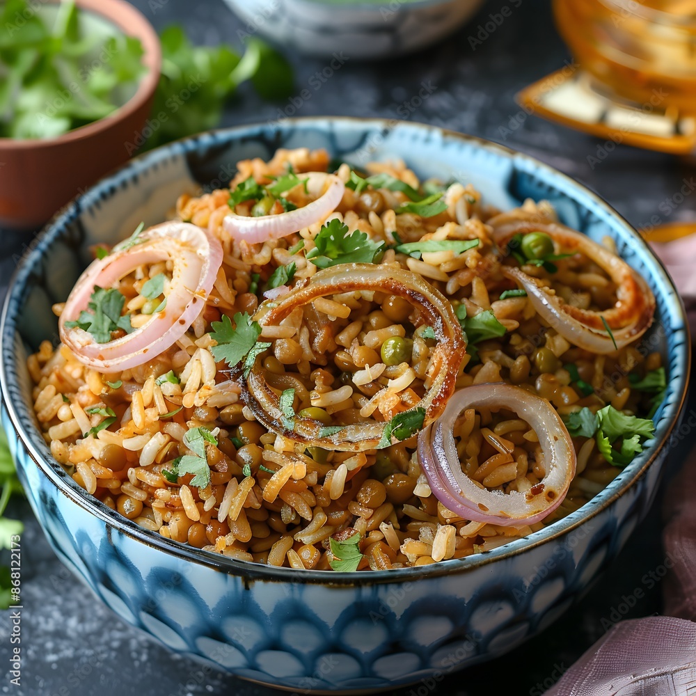 Lentil Rice with Onion Rings and Parsley