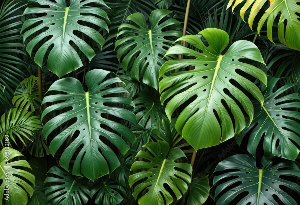 artistic depiction of a lush collection of tropical plants with monstera and palm leaves in varying tones of green, set against a muted background to convey tranquility. artistic depiction of a lush collection of tropical plants with monstera and palm leaves in varying tones of green, set against a muted background to convey tranquility.