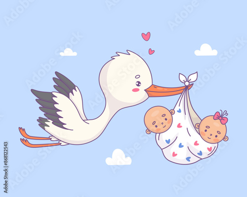 Cute stork flying stork in its beak carries two twin babies, girl and boy. Vector illustration. Funny cartoon bird kawaii character and infant. Cool childish birthday. Kids collection