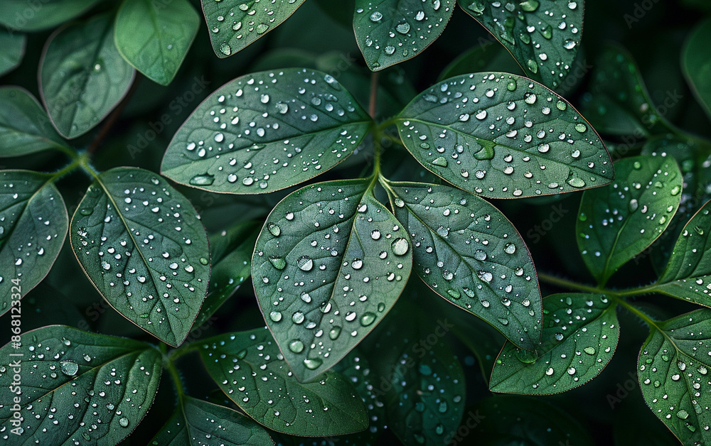 Fototapeta premium A close-up photo of a plant with water droplets on its leaves after a recent rainfall