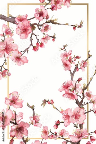 Cherry blossom branch frame with watercolor pink sakura blooming flower border illustrations on a white background