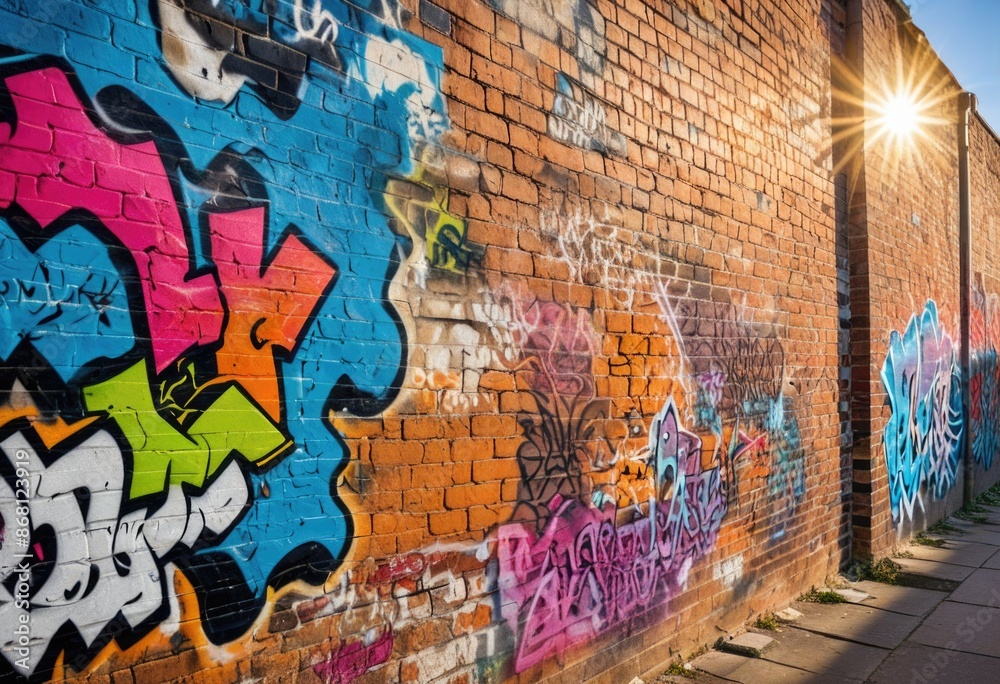 Fototapeta premium close-up view of a graffiti-covered brick wall, vibrant under bright sunlight