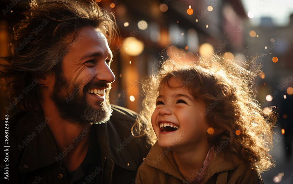 A man and his young daughter laugh together in a city setting. The man has a beard and long hair, and the girl has curly hair. They are both smiling broadly, and the background is out of focus A man and his young daughter laugh together in a city setting. The man has a beard and long hair, and the girl has curly hair. They are both smiling broadly, and the background is out of focus