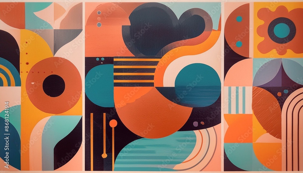 Abstract mid-century modern art style background. Design has geometric shapes in a collage of vibrant colors and textures, suitable for posters or wall decor. Abstract mid-century modern art style background. Design has geometric shapes in a collage of vibrant colors and textures, suitable for posters or wall decor.