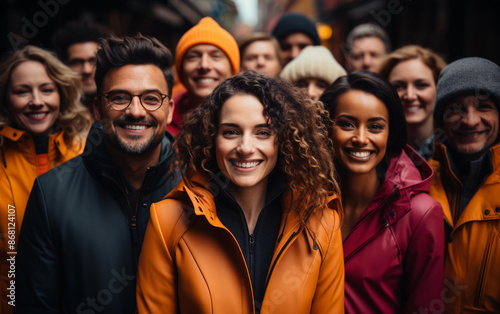 A group of friends in various colorful jackets stand together and smile at the camera on a city street