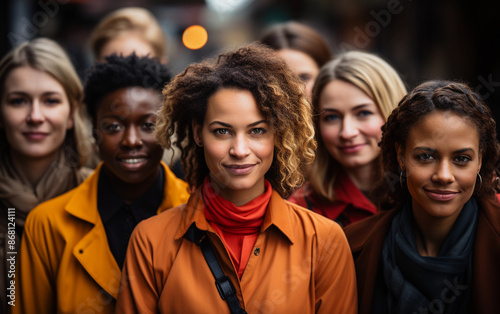 A group of diverse women are smiling while standing close together in an urban setting © imagineRbc
