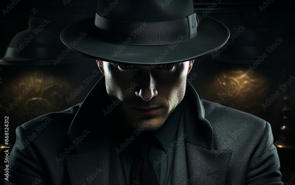 A man in a dark suit hides his face behind a fedora hat. He is positioned in a dark room with only his face and hat illuminated A man in a dark suit hides his face behind a fedora hat. He is positioned in a dark room with only his face and hat illuminated