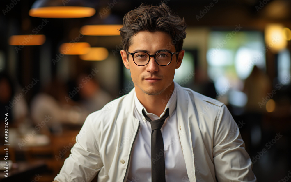 Fototapeta premium A man in a white shirt and glasses sits at a restaurant table