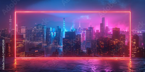 Neon-Framed Skyline at Night with Colorful City Lights photo