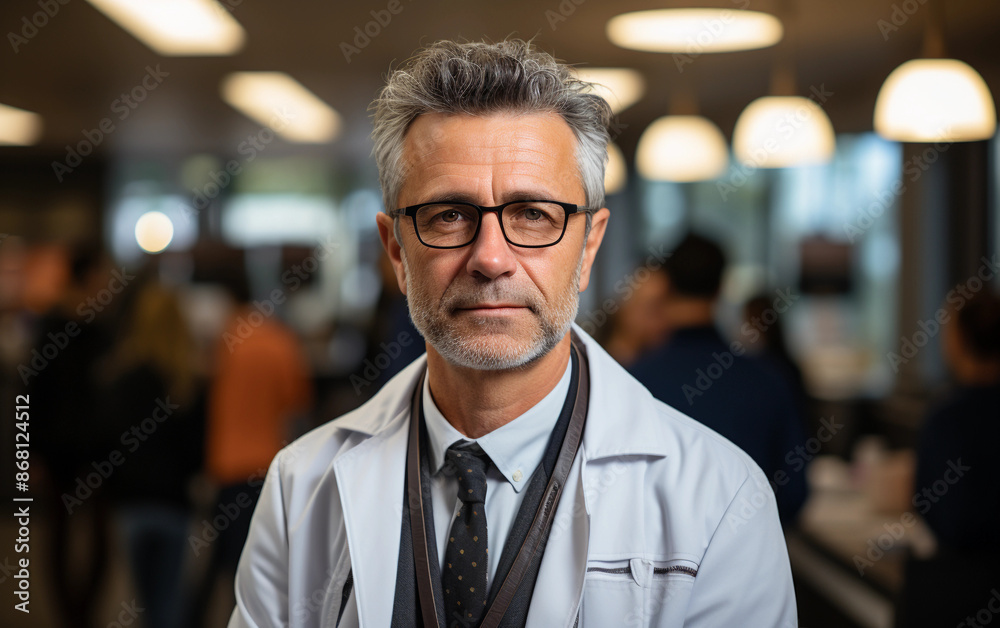 A middle aged doctor stands in a modern office setting with his arms crossed and a confident smile A middle aged doctor stands in a modern office setting with his arms crossed and a confident smile
