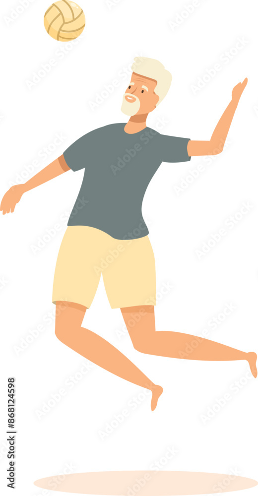 Senior man is jumping and hitting a volleyball, enjoying a day at the beach Senior man is jumping and hitting a volleyball, enjoying a day at the beach