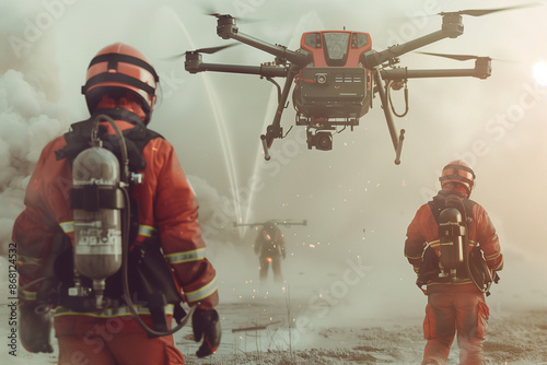 Emergency response team of futuristic firefighters using drones to assess a chemical spill. Advanced hazard detection technology. Neutral-toned background. 