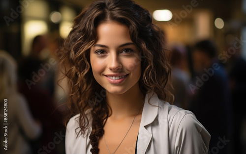 Wallpaper Mural A young woman doctor stands in her clinic, smiling warmly at the camera. She is wearing a white coat and has long, curly brown hair. The background is blurred, suggesting a busy medical environment Torontodigital.ca