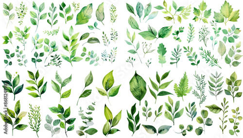 Green watercolor leaves on isolated background	