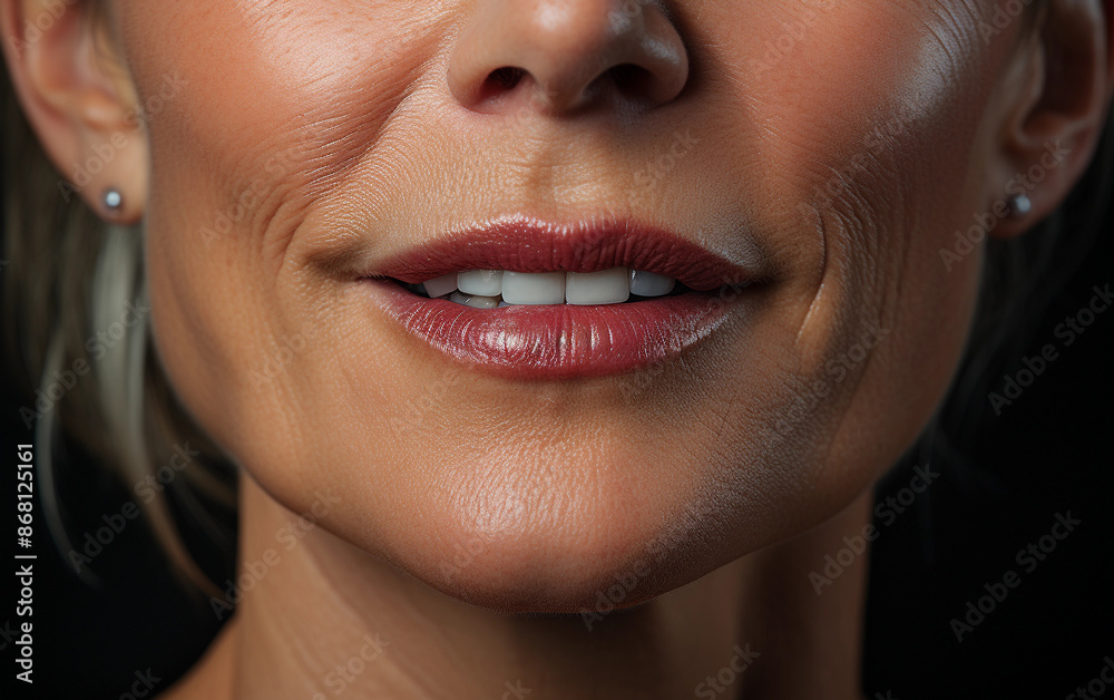 A close-up portrait of a womans face, showcasing wrinkles on one side and smooth skin on the other A close-up portrait of a womans face, showcasing wrinkles on one side and smooth skin on the other
