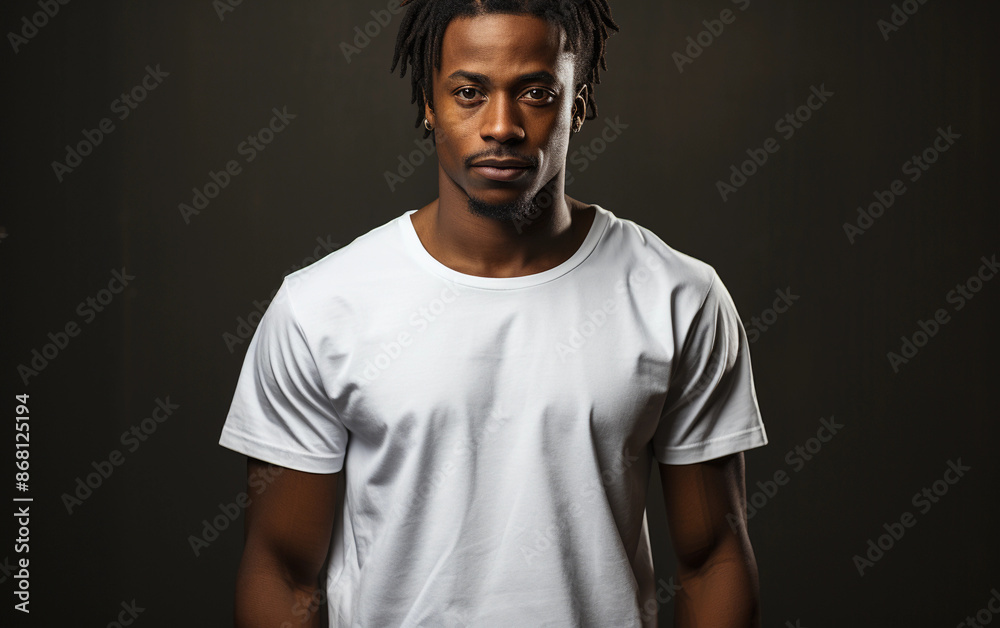 A young African American man with dreadlocks is wearing a plain white t-shirt and looking directly at the camera. He is standing against a dark background A young African American man with dreadlocks is wearing a plain white t-shirt and looking directly at the camera. He is standing against a dark background