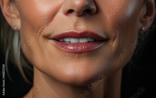 A close-up portrait of a womans face, showcasing wrinkles on one side and smooth skin on the other