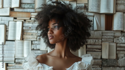 Elegant Woman with Natural Hair Posing by Book Wall photo