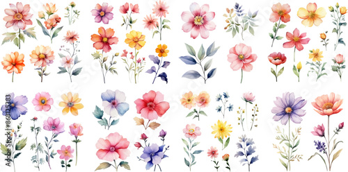 Set watercolor elements of floral; collection. leaves, branch, botanic, garden flowers, eucalyptus, wedding floral design, invitation, cloth.