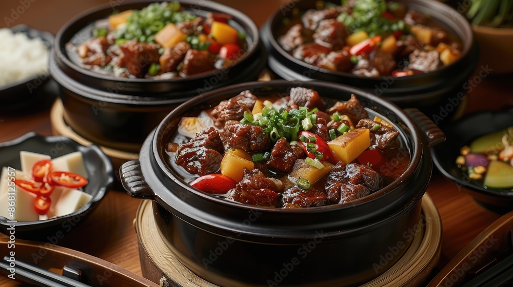 A three-course arrangement, Chinese table backdrop, three traditional black casseroles filled with braised beef. Generative AI. A three-course arrangement, Chinese table backdrop, three traditional black casseroles filled with braised beef. Generative AI.