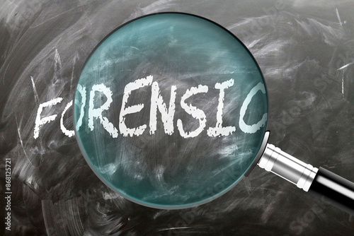 Forensic     - learn, study and inspect it. Taking a closer look at forensic    . A magnifying glass enlarging word 'forensic    ' written on a blackboard ,3d illustration